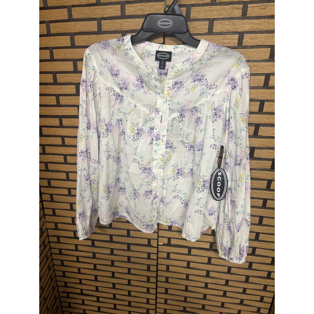 Scoop White Floral Button Front Blouse‎ Size XS